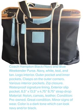 Coach Hampton Black-Navy/Lt. Blue/White/ Tan Leather Weekender Tote Bag